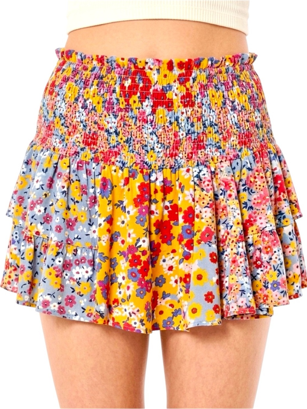 Free People Floral Smocked Tiered Mini Skirt in Yellow, Blue, Red